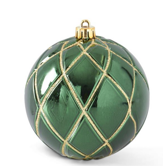 4 INCH GREEN W/GOLD GLITTER SHATTERPROOF ORNAMENT