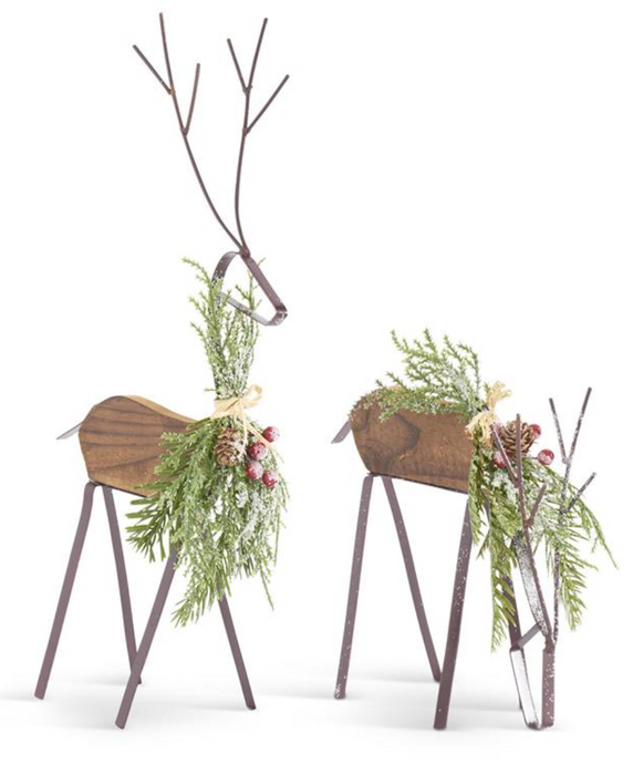 GLITTERED WOOD & BROWN METAL DEER W/PINE (2 STYLES)