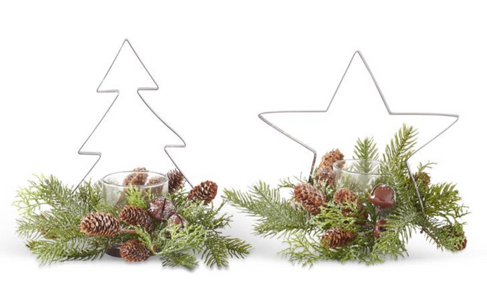 GLITTERED PINE & METAL TREE/STAR CANDLEHOLDERS (2 STYLES)