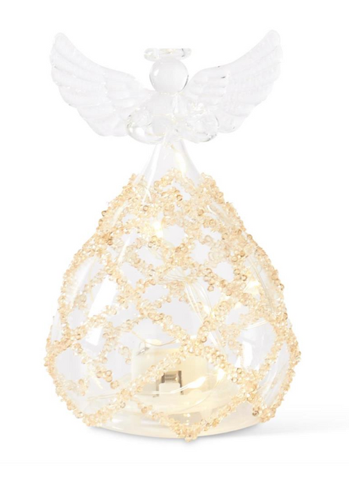 5.25 INCH CLEAR GLASS LATTICE GOLD BEAD LED ANGEL W/TIMER