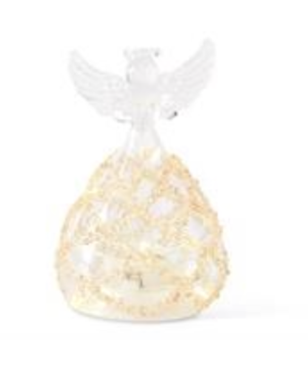 4.5 Inch Clear Glass LED Angel w/Lattice Gold Beads