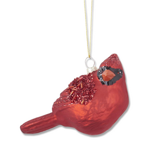 3 INCH RED GLITTERED & BEADED BLOWN GLASS CARDINAL ORNAMENT