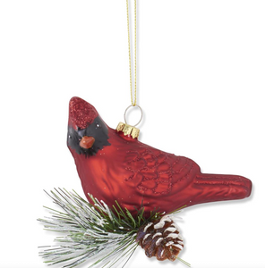 3.5 INCH RED GLITTERED BLOWN GLASS CARDINAL ORNAMENT W/PINE