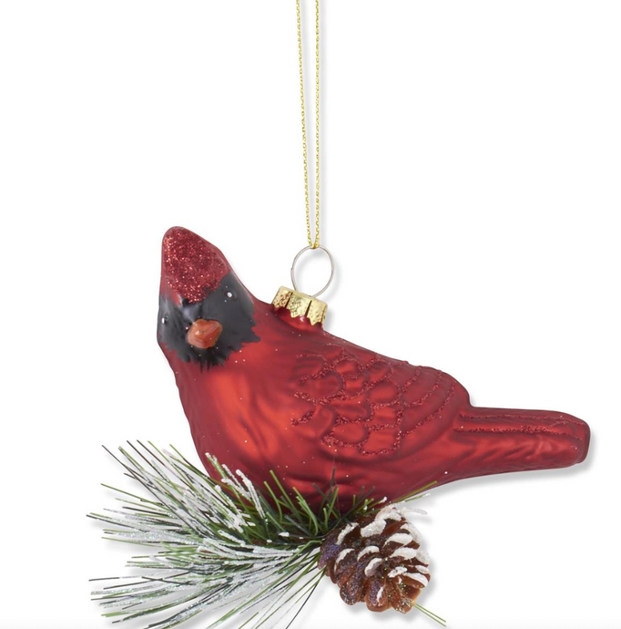 3.5 INCH RED GLITTERED BLOWN GLASS CARDINAL ORNAMENT W/PINE