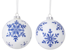 Load image into Gallery viewer, 4.25 INCH WHITE W/BLUE SNOWFLAKES GLASS ROUND ORNAMENTS