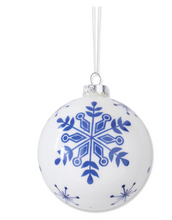 Load image into Gallery viewer, 4.25 INCH WHITE W/BLUE SNOWFLAKES GLASS ROUND ORNAMENTS