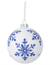 Load image into Gallery viewer, 4.25 INCH WHITE W/BLUE SNOWFLAKES GLASS ROUND ORNAMENTS