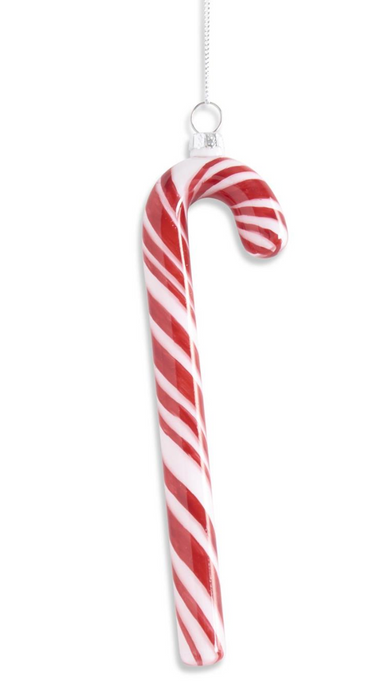 7.5 INCH HAND PAINTED RED & WHITE GLASS CANDY CANE ORNAMENT