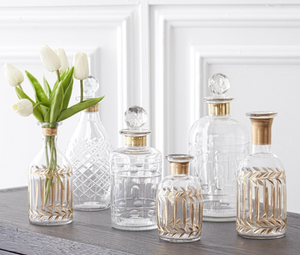 GOLD GILDED LEAF ETCHED CLEAR GLASS VASES