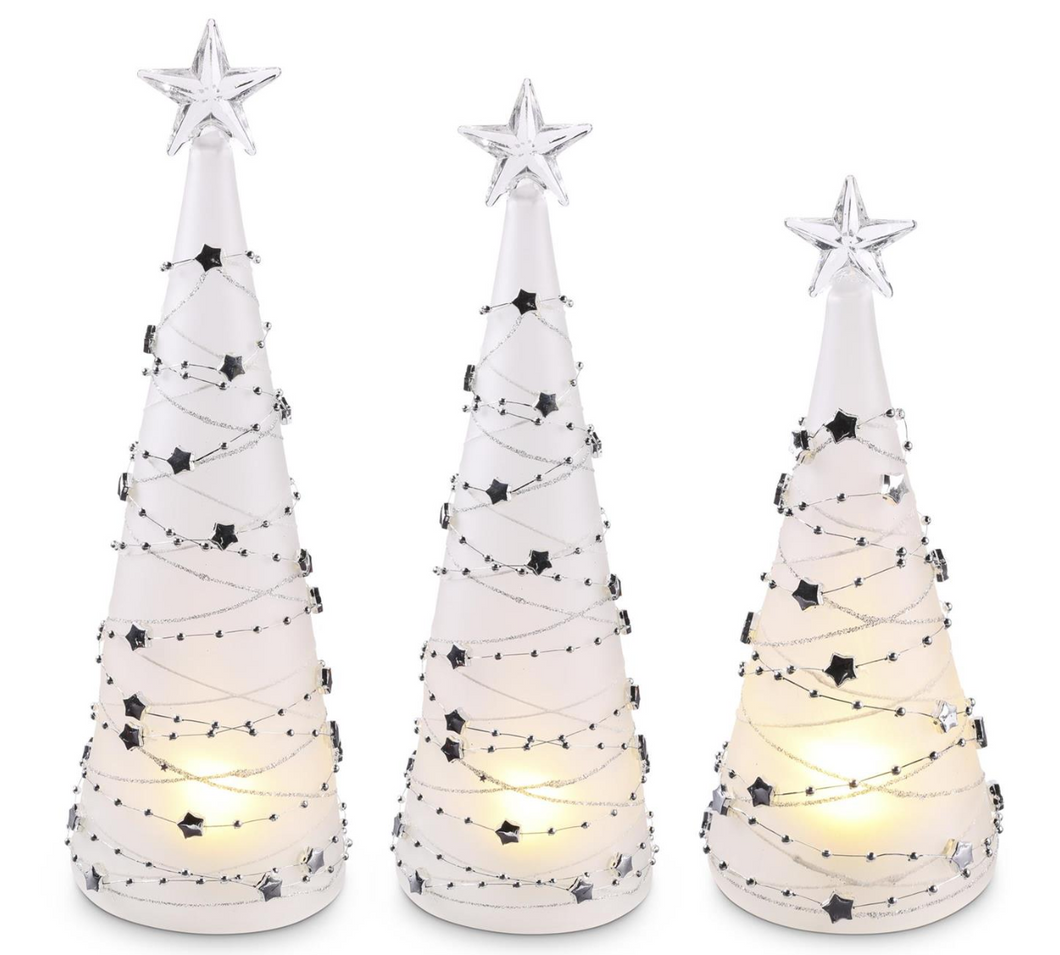 FROSTED GLASS SILVER STAR GARLAND LED CHRISTMAS TREES W/TIMERS