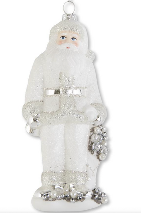 7 INCH WHITE & SILVER GLASS SANTA ORNAMENT