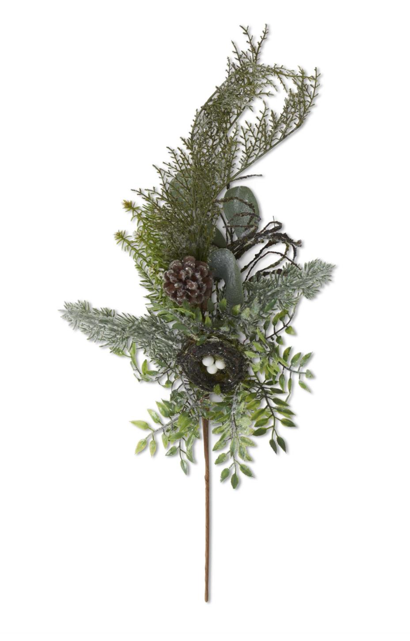 23 INCH GLITTERED NEST W/MIXED PINE EUCALYPTUS TWIG & PINECONE STEM