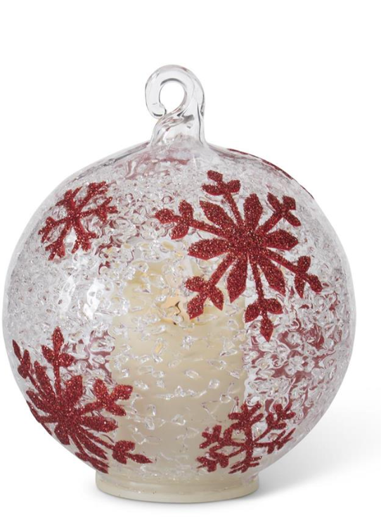 4 INCH LED ICE TEXTURED CLEAR GLASS RED SNOWFLAKES ORNAMENT W/TIMER