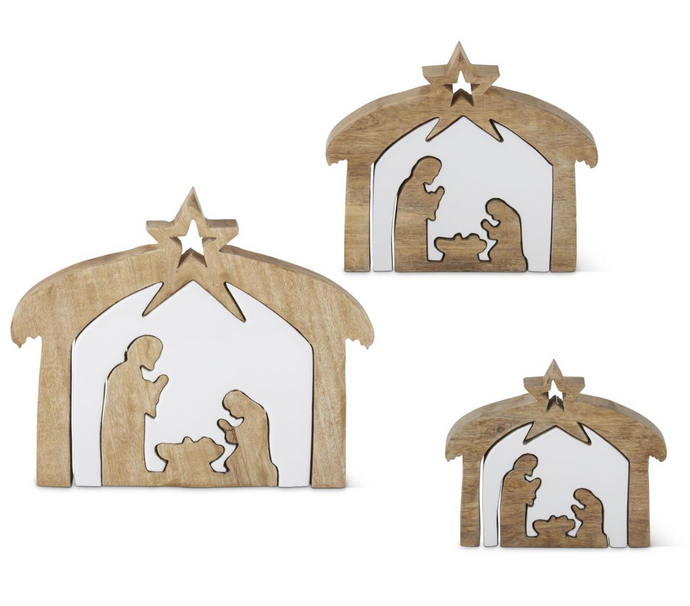 WOOD NATIVITY W/WHITE ENAMELED CENTER CUTOUTS ( 3 Sizes)