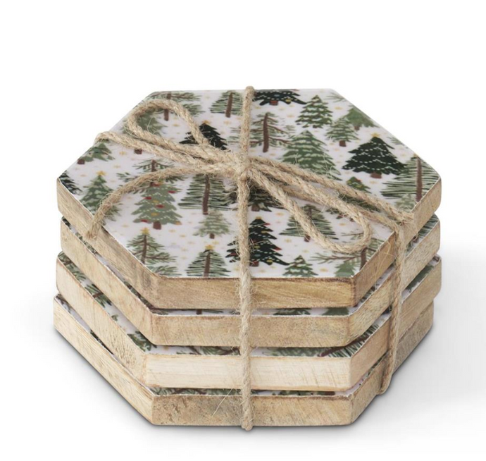 SET OF 4 HEXAGON CHRISTMAS TREES ENAMELED COASTERS