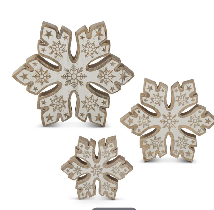 MANGO WOOD SNOWFLAKES W/WHITE EMBOSSED CENTERS (3 Sizes)