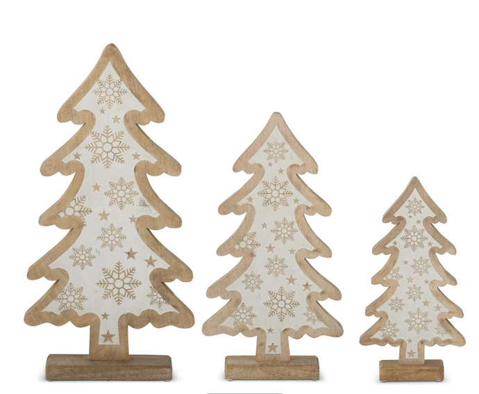 WOOD TREES W/WHITE SNOWFLAKE CENTERS ( 3 Sizes)