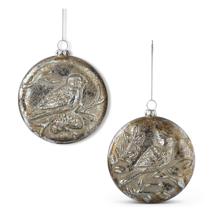 4.5 INCH SILVER MERCURY GLASS EMBOSSED ORNAMENTS (2 STYLES)