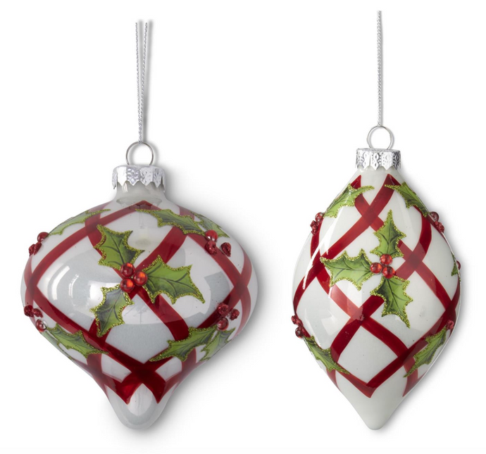 WHITE W/RED CRISS CROSS & HOLLY GLASS ORNAMENTS (2 STYLES)