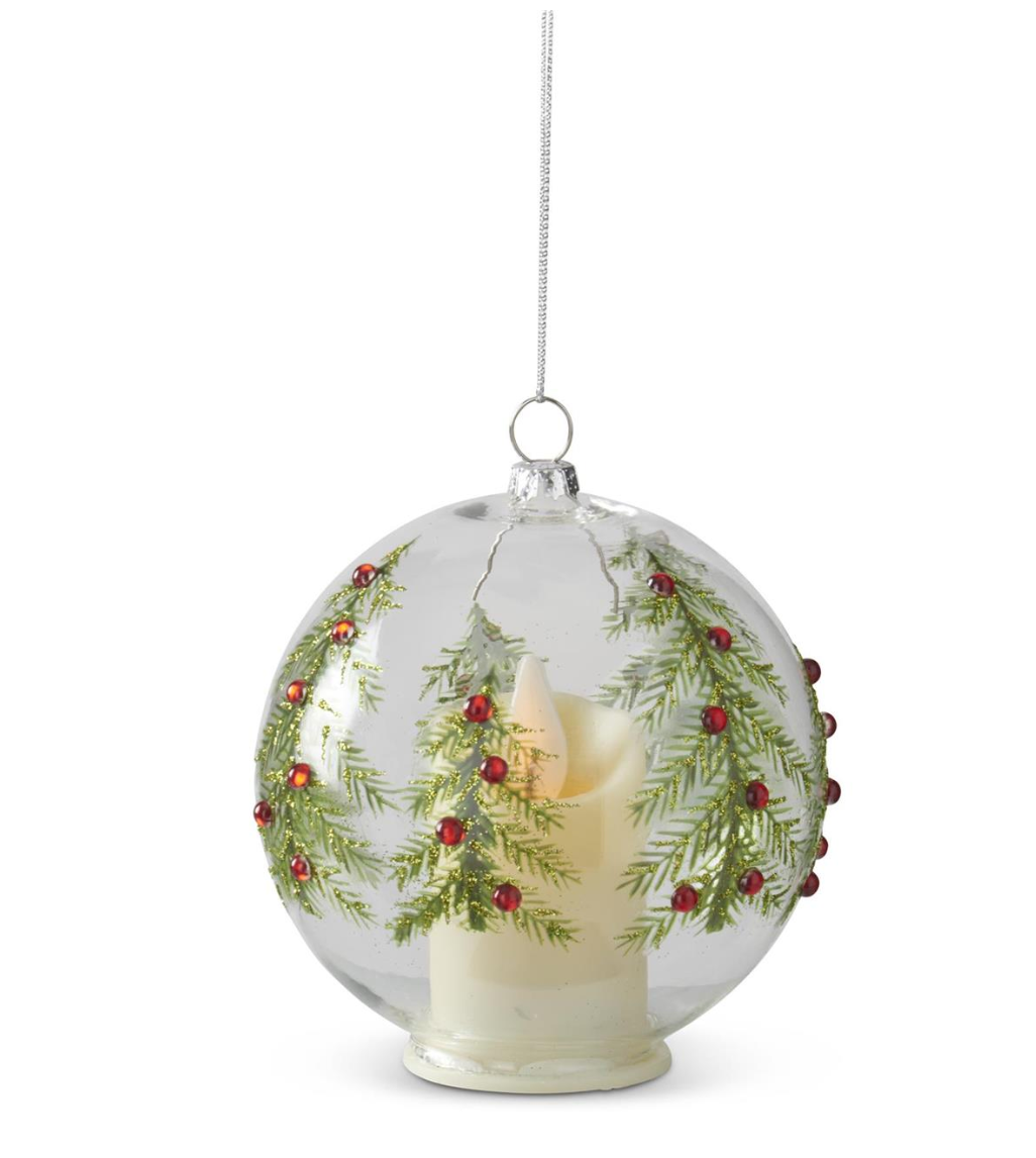 4 INCH LED CLEAR GLASS ORNAMENT W/JEWELED CHRISTMAS TREES & TIMER