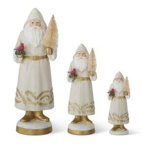 CREAM RESIN SANTAS HOLDING CARDINAL & BOTTLE BRUSH TREE (3 Sizes)