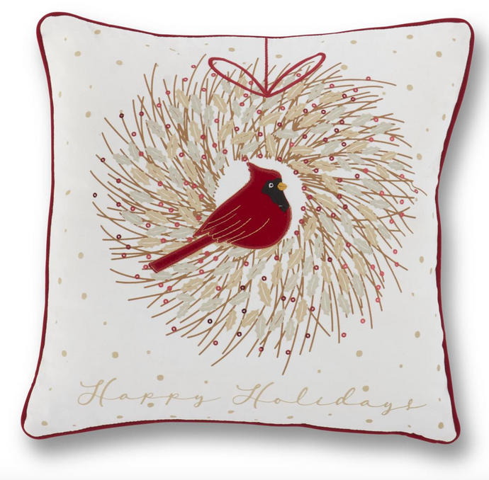 18 Inch Square Cardinal Wreath Pillow w/Sequins