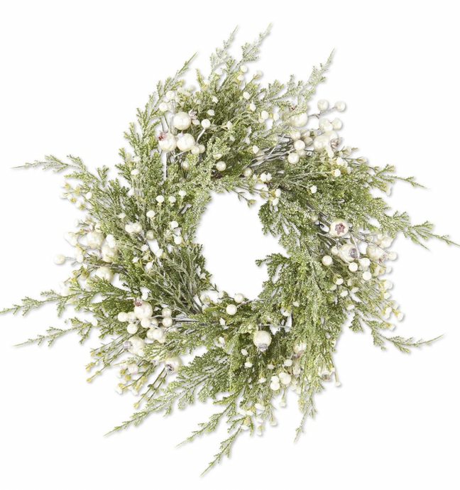 22 Inch Snowy Cypress Pine Candle Ring/Wreath w/Pearls