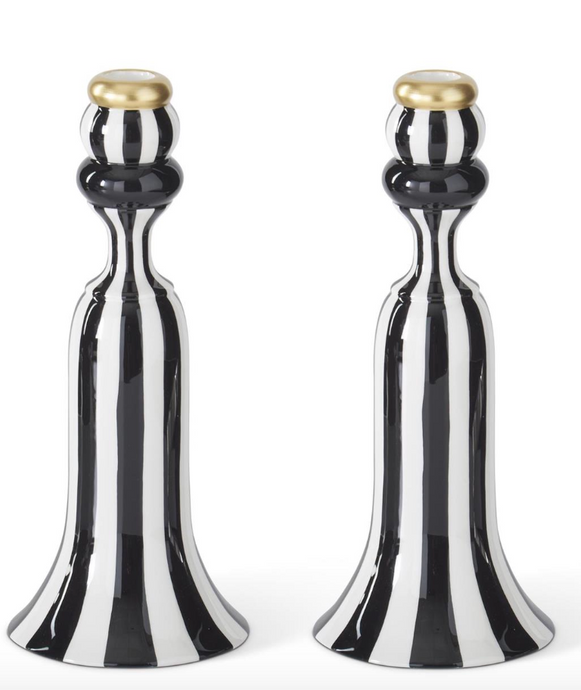 10 Inch Black & White Striped Ceramic Taper Candleholders