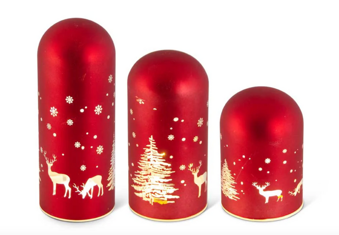 RED Laser Engraved Deer & Trees LED Glass Domes w/Timers