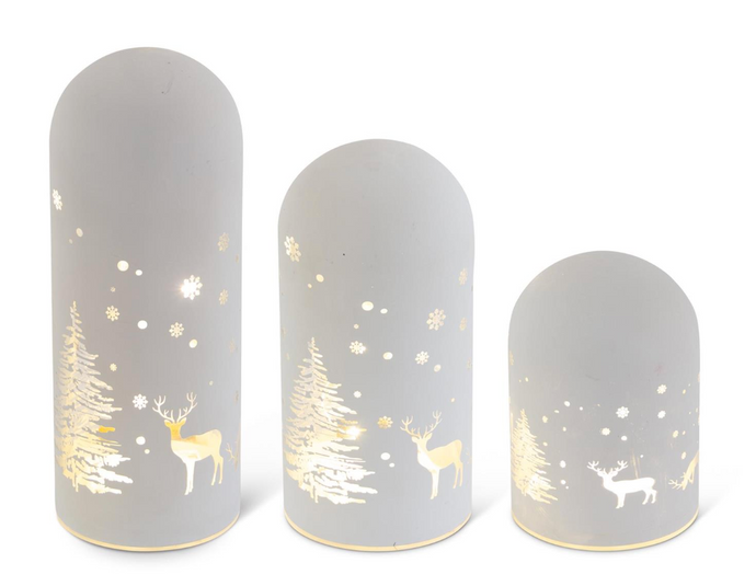 White Laser Engraved Deer & Trees LED Glass Domes w/Timers