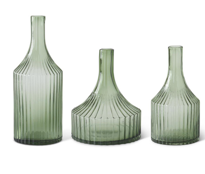 Transparent Green Glass Vertical Ribbed Vases