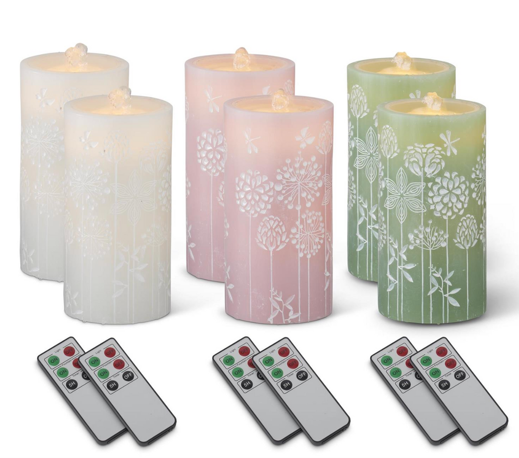 Flower Embossed LED Wax Pillar Water Candles w/Timers & Remotes