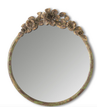 Load image into Gallery viewer, 17.25 Inch Rustic Metal Flower Topped Green Brown &amp; Gold Round Mirror
