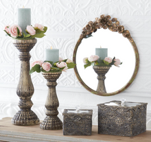Load image into Gallery viewer, 17.25 Inch Rustic Metal Flower Topped Green Brown &amp; Gold Round Mirror