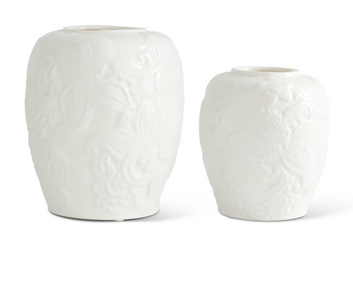 White Ceramic Paisley & Floral Embossed Vases