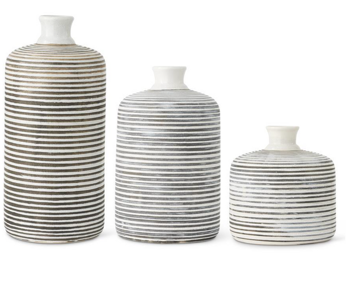 Fluted Neck White Crackle & Gray Striped Ceramic Vases