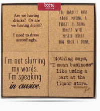 Load image into Gallery viewer, Boozy Themed 4 Piece Cork Laser Etched Coaster Gift Box Set