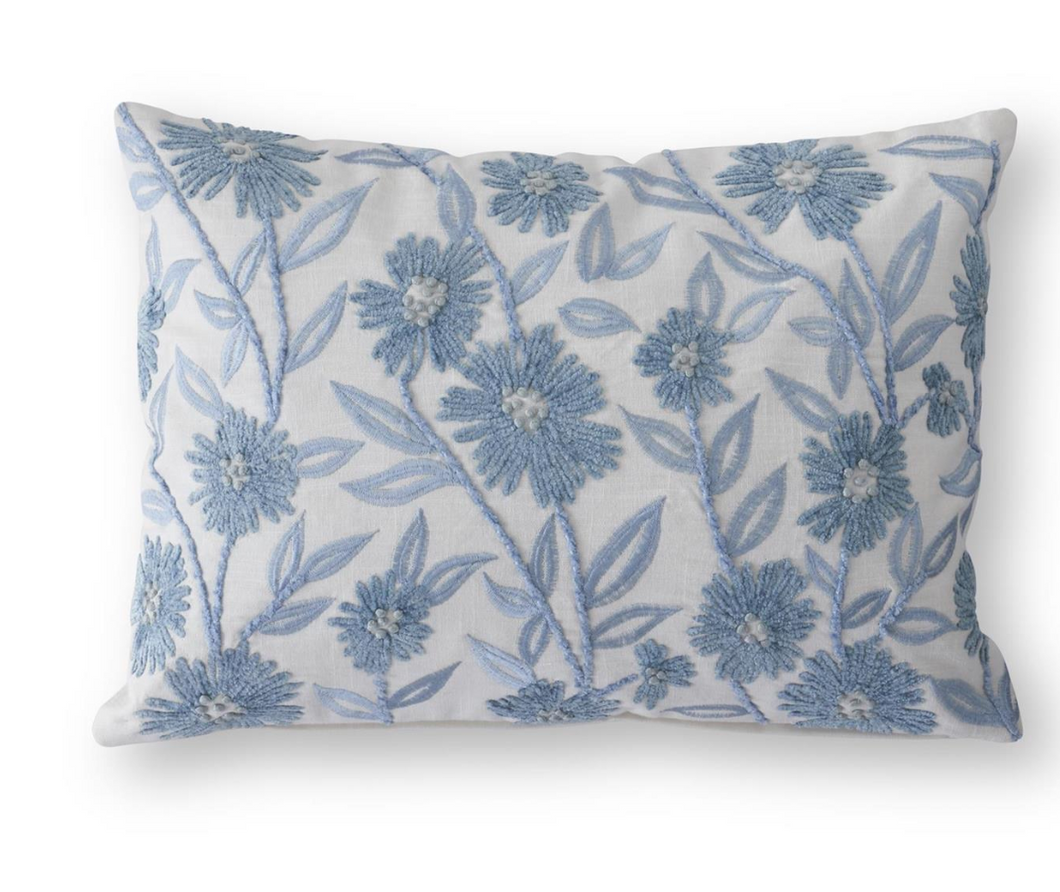 14 Inch Lumbar White Linen & Blue Embroidered Floral Pillow