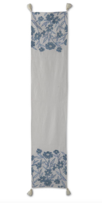 72 Inch White Linen & Blue Embroidered Floral Table Runner