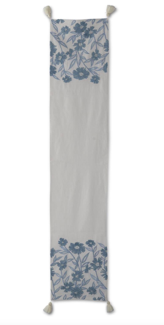 72 Inch White Linen & Blue Embroidered Floral Table Runner