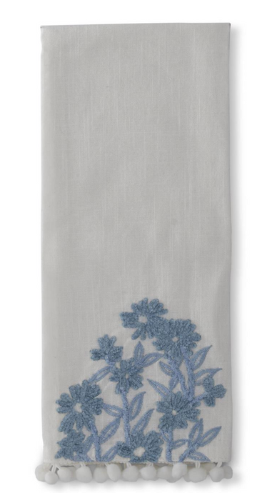 28 Inch White Linen & Blue Embroidered Floral Hand Towel