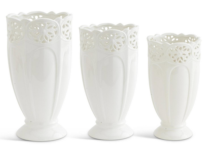 White Ceramic Vases w/Ornate Rim