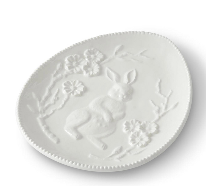 8.75 Inch White Ceramic Easter Bunny Embossed Egg Plate
