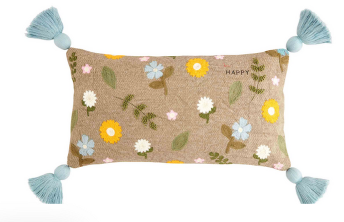 Happy Floral Tassel Lumbar Pillow