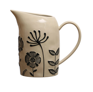 62 oz. Hand-Painted Stoneware Pitcher w/ Embossed Flowers
