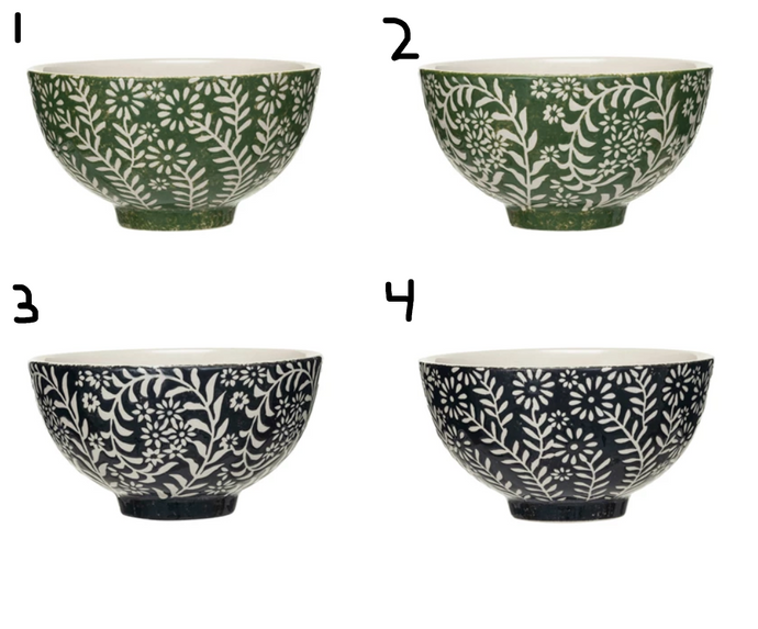 Stoneware Bowl w/ Wax Relief Botanicals (4 STYLES)