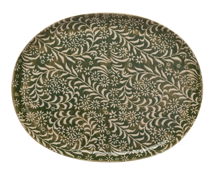 Stoneware Platter w/ Wax Relief Botanicals