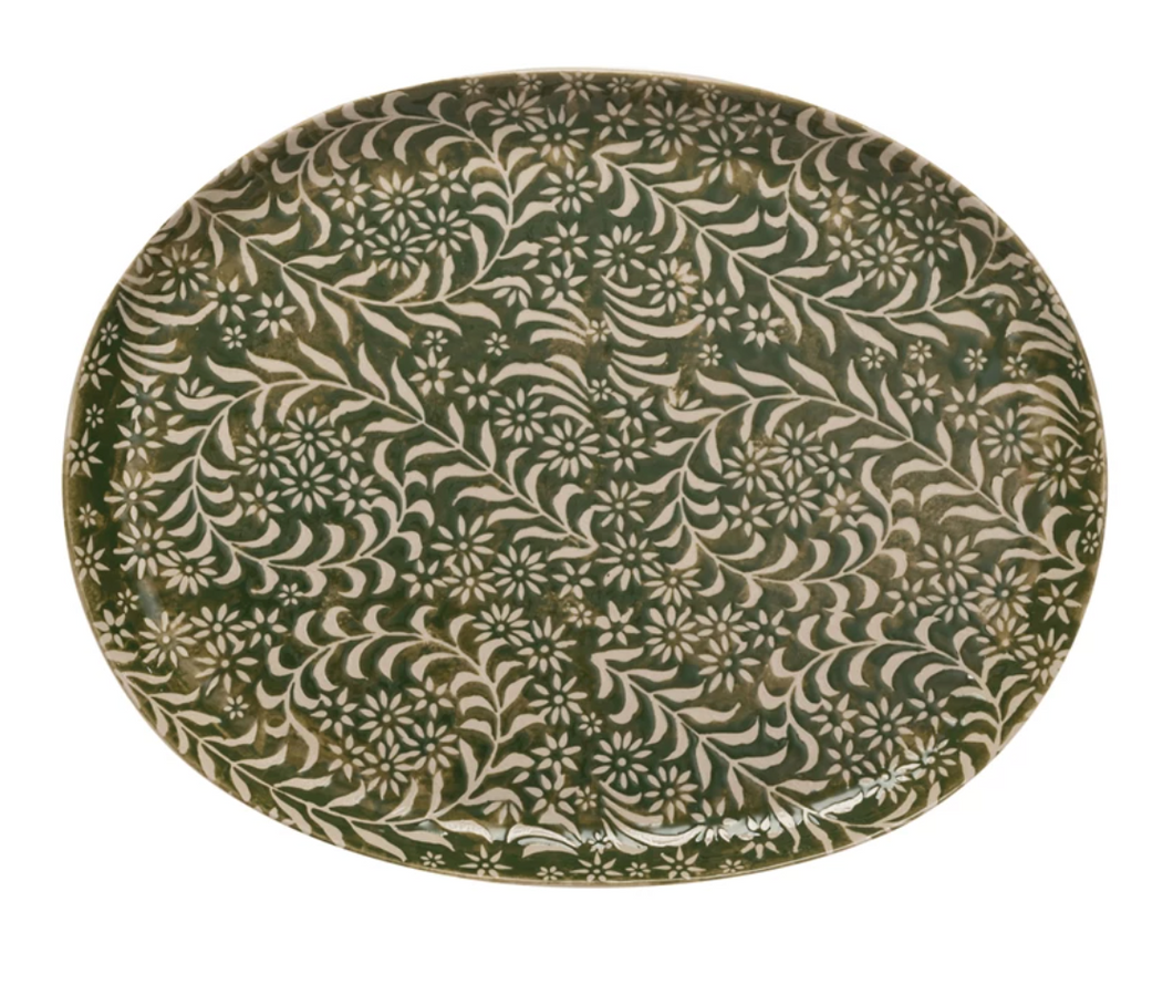Stoneware Platter w/ Wax Relief Botanicals