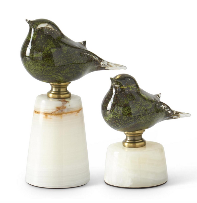 Green Glass Bird on White Marble Base, 2 Sizes