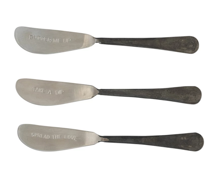 Etched Stainless Steel Butter Knife with Black Handles, 3 Styles
